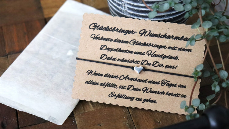 Wunscharmband mit Herz zum selber knoten mit Karte. Ideal als Geschenk, Mitbringsel, Hochzeitsgast Geschenke.