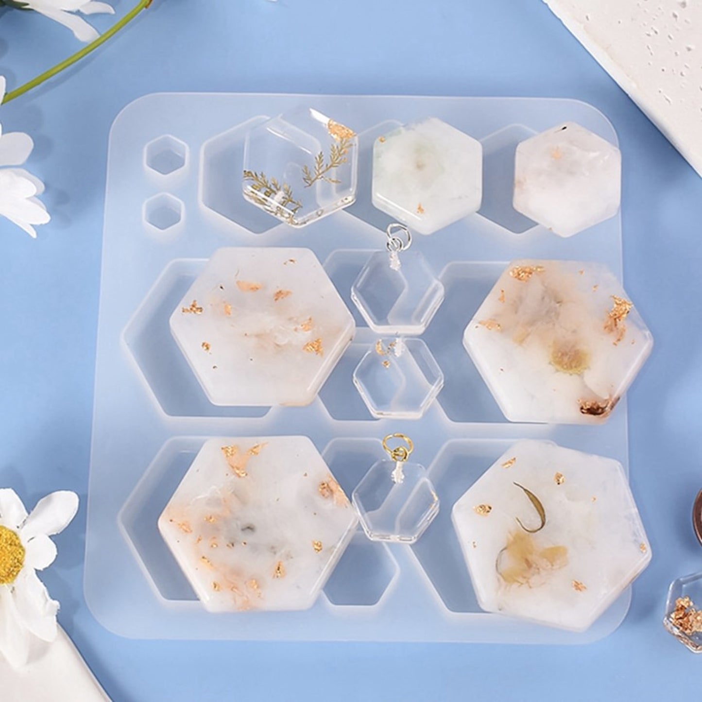 Silikonform Hexagon Gießform Cabochons für Resin, Raysin ca. 1 bis 5,2 cm