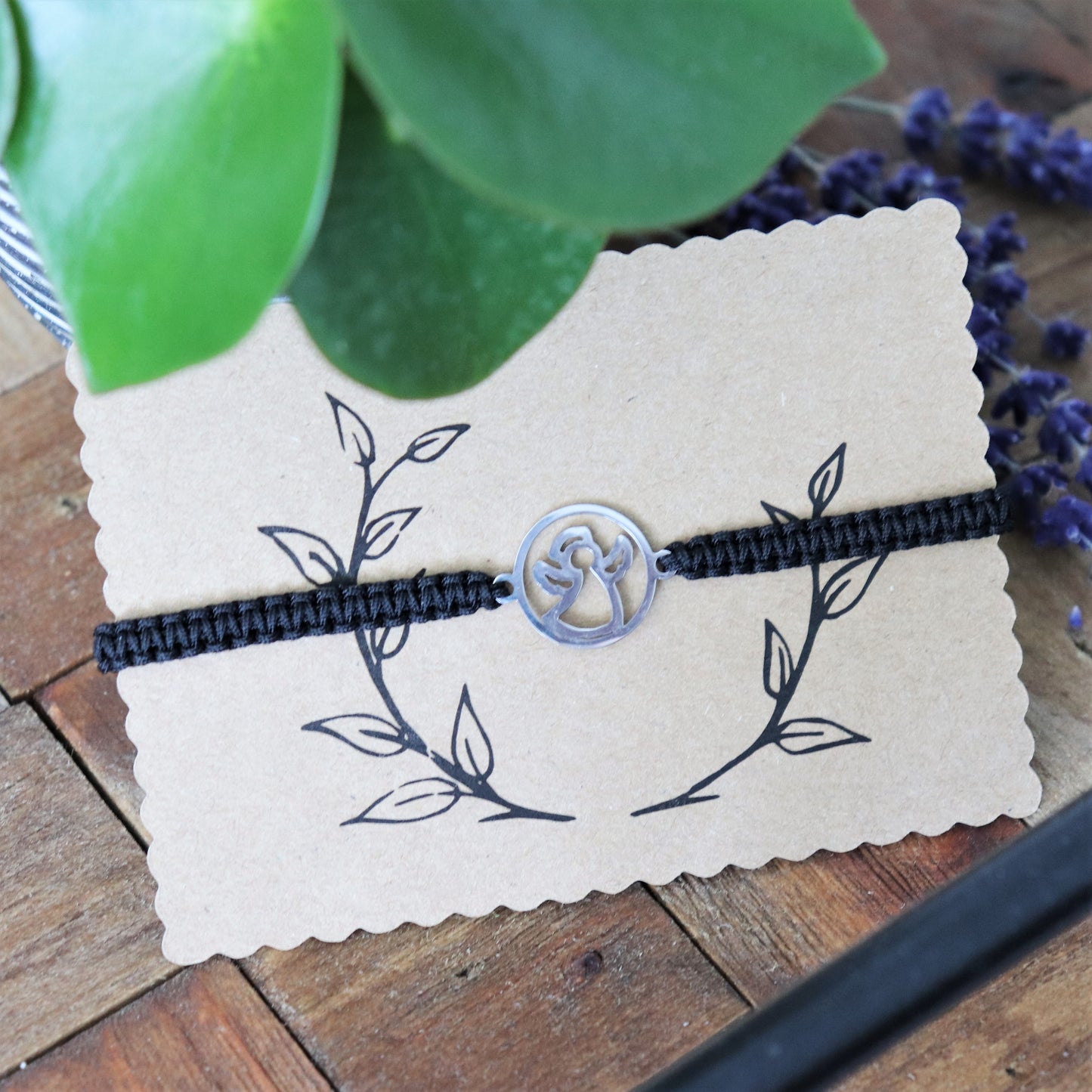 Engel Makramee Armband Schwarz verstellbar Schutzengel Edelstahl