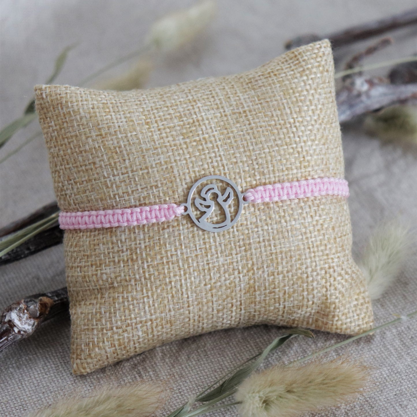 Engel Makramee Armband Edelstahl Silber bis 27 cm - Rosa