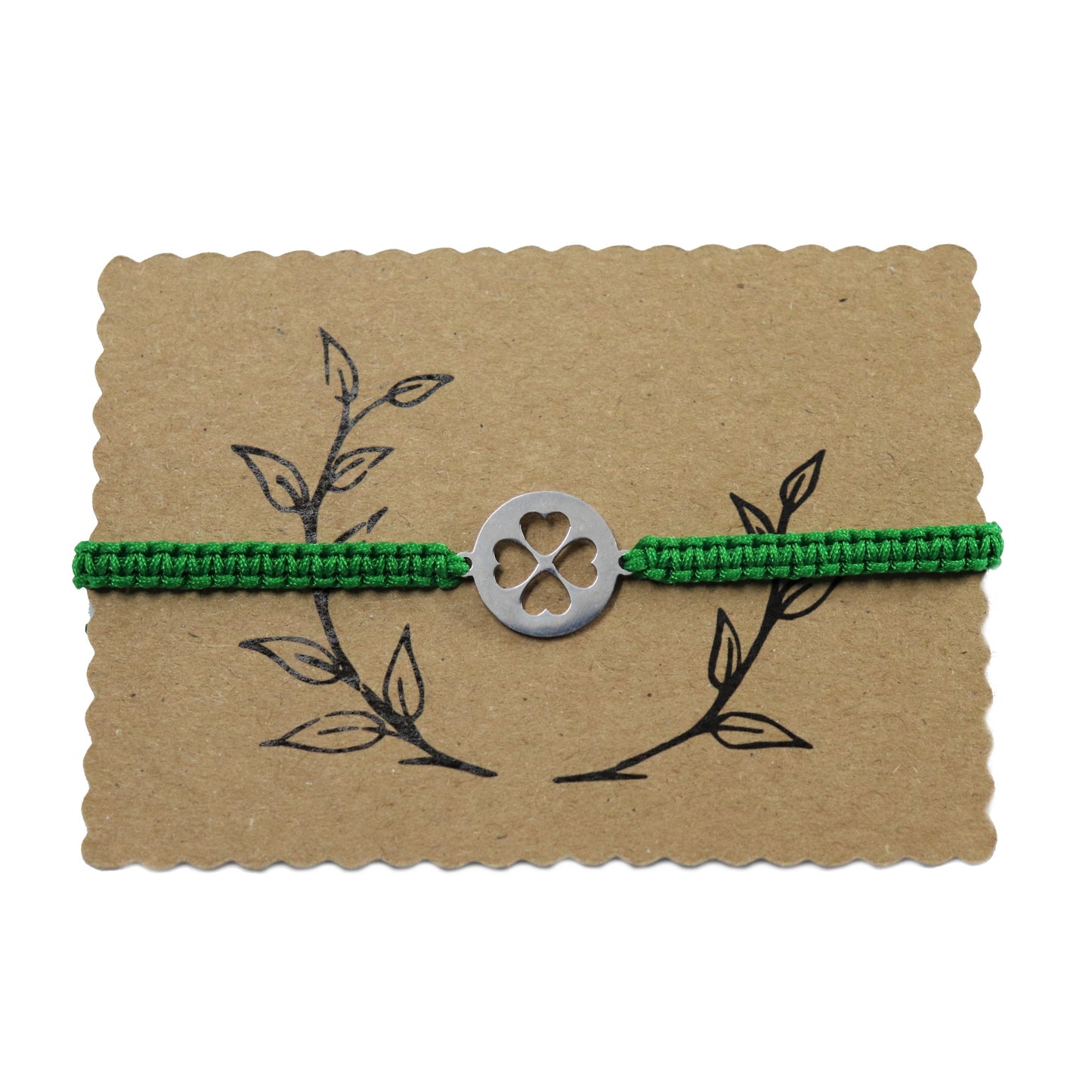 Edelstahl Kleeblatt Makramee Armband Silber, bis 27 cm - Grün