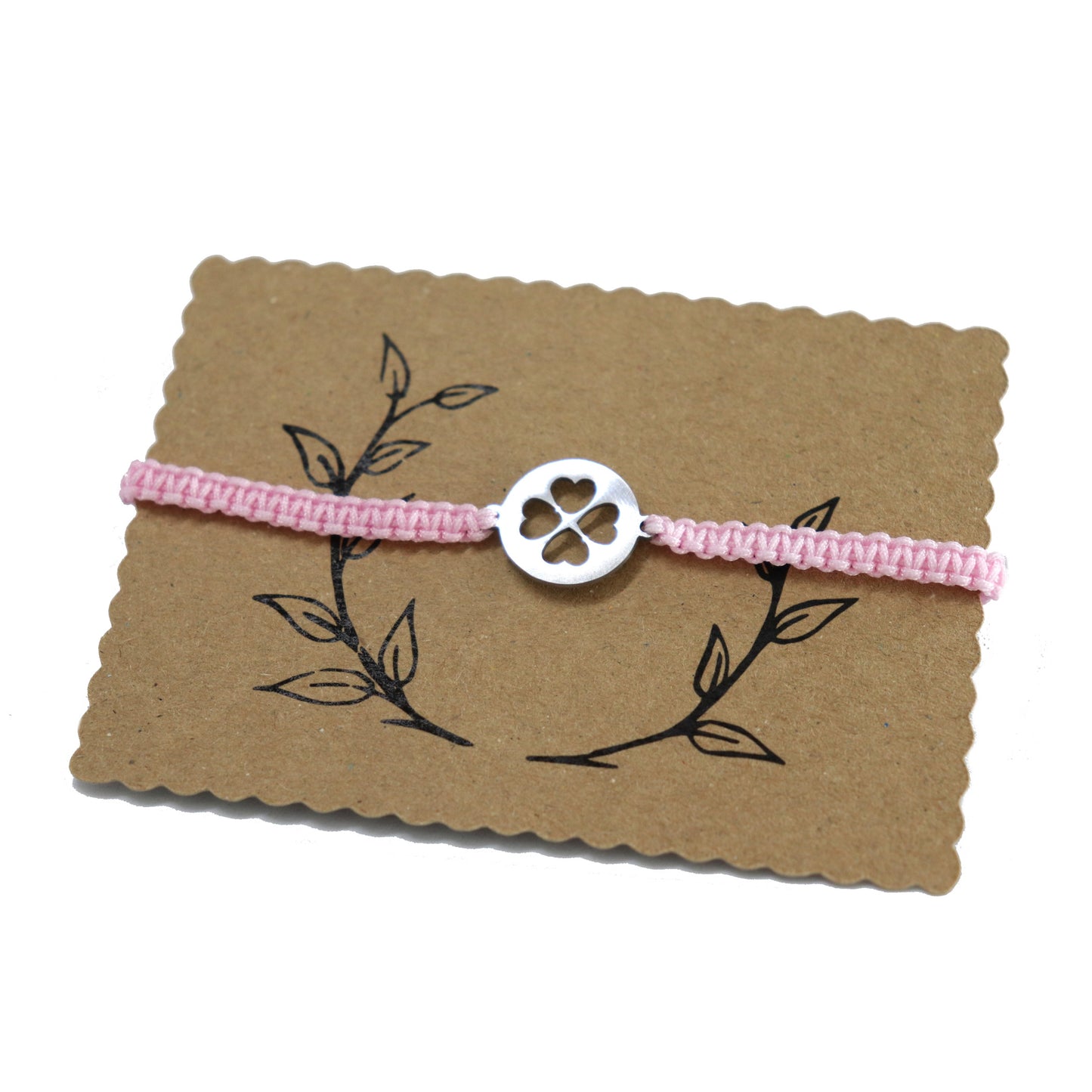 Edelstahl Kleeblatt Makramee Armband Silber, bis 27 cm - Rosa