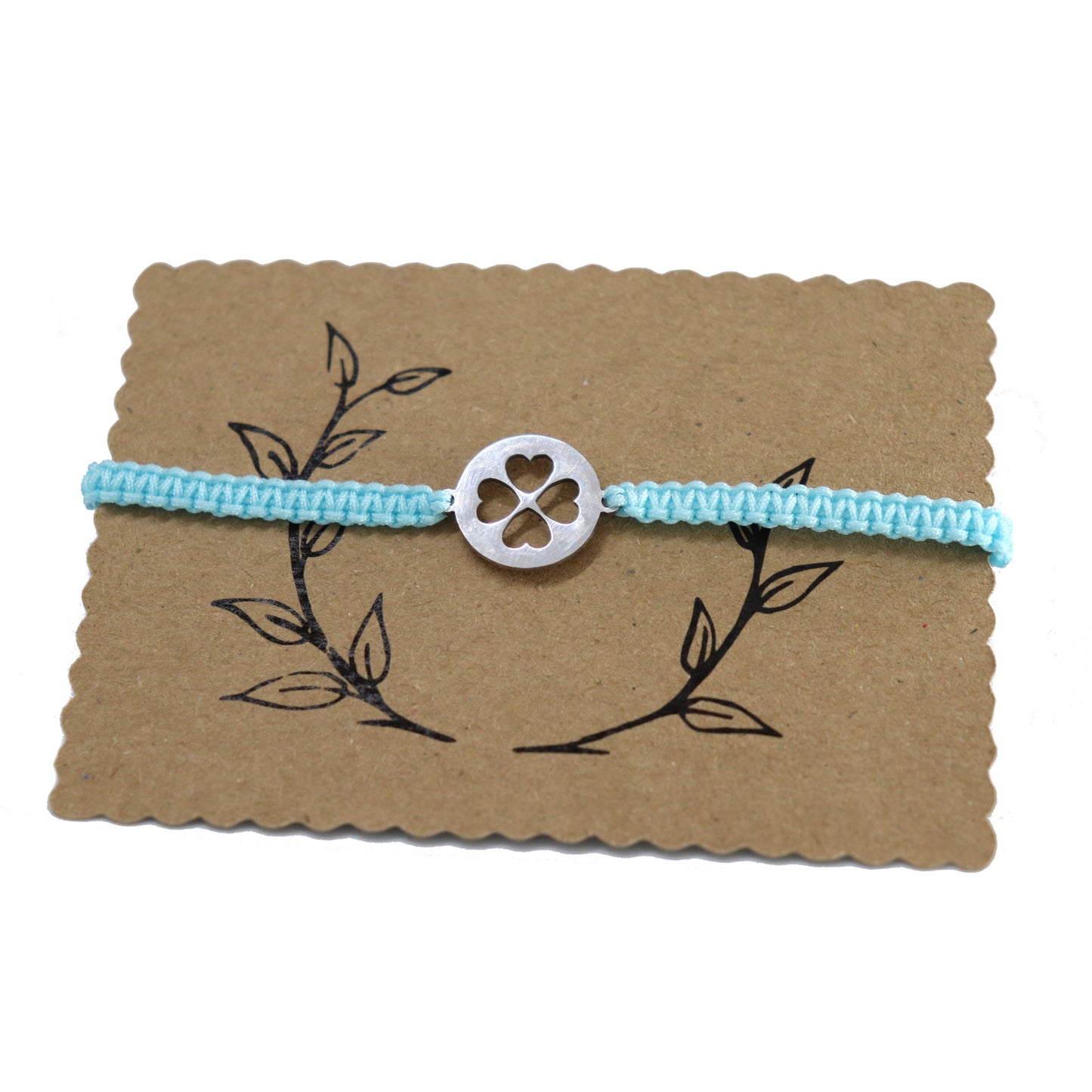 Edelstahl Kleeblatt Makramee Armband Silber, bis 27 cm - Hellblau