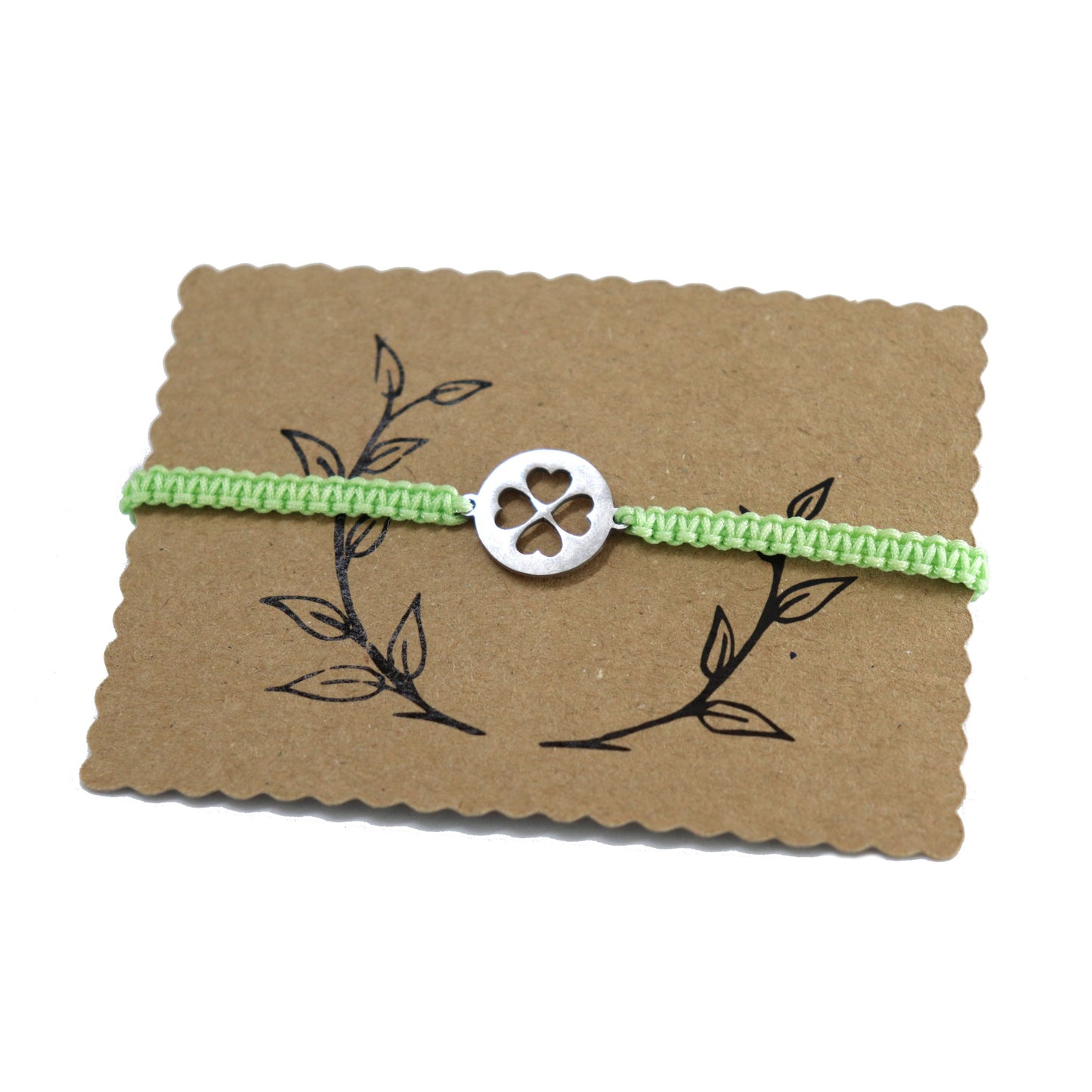 Edelstahl Kleeblatt Makramee Armband Silber, bis 27 cm - Hellgrün