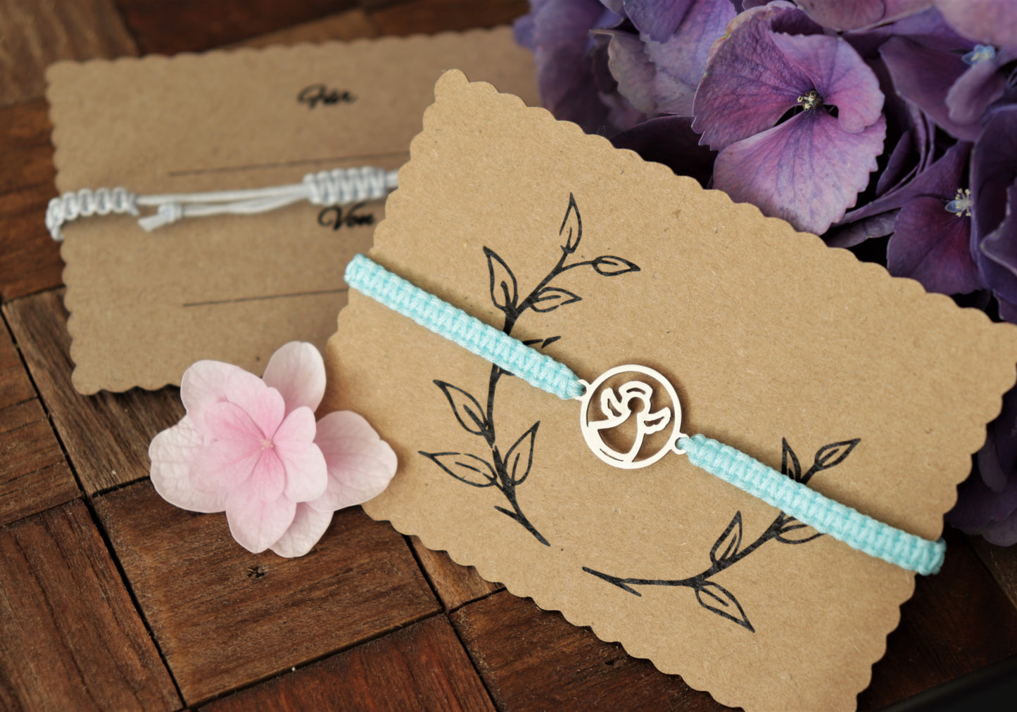 Engel Makramee Armband Edelstahl Silber bis 27 cm - Hellblau