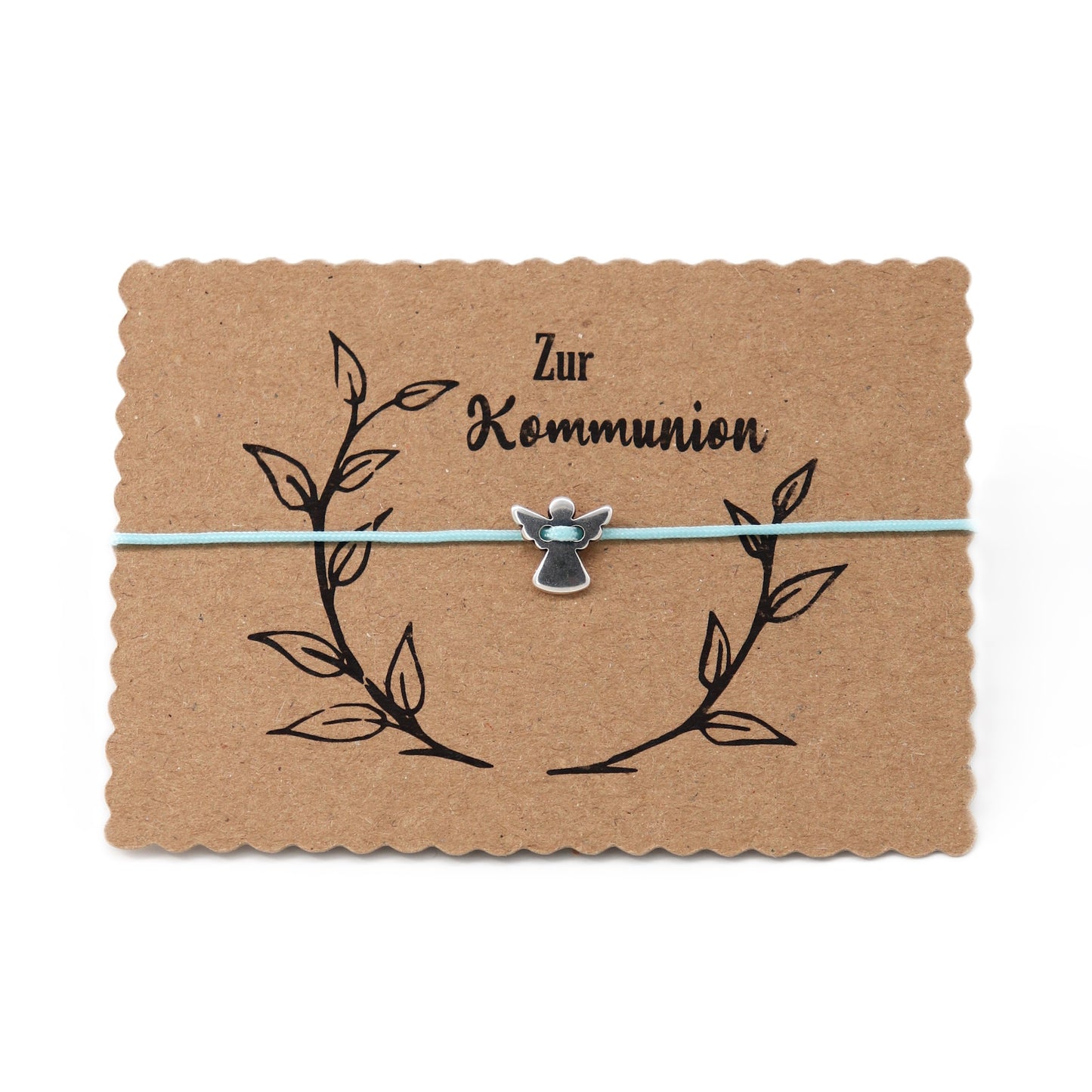 Braun Karte mit Aufschrift Zur Kommunion in schwarz. Engel Armband in Hellblau