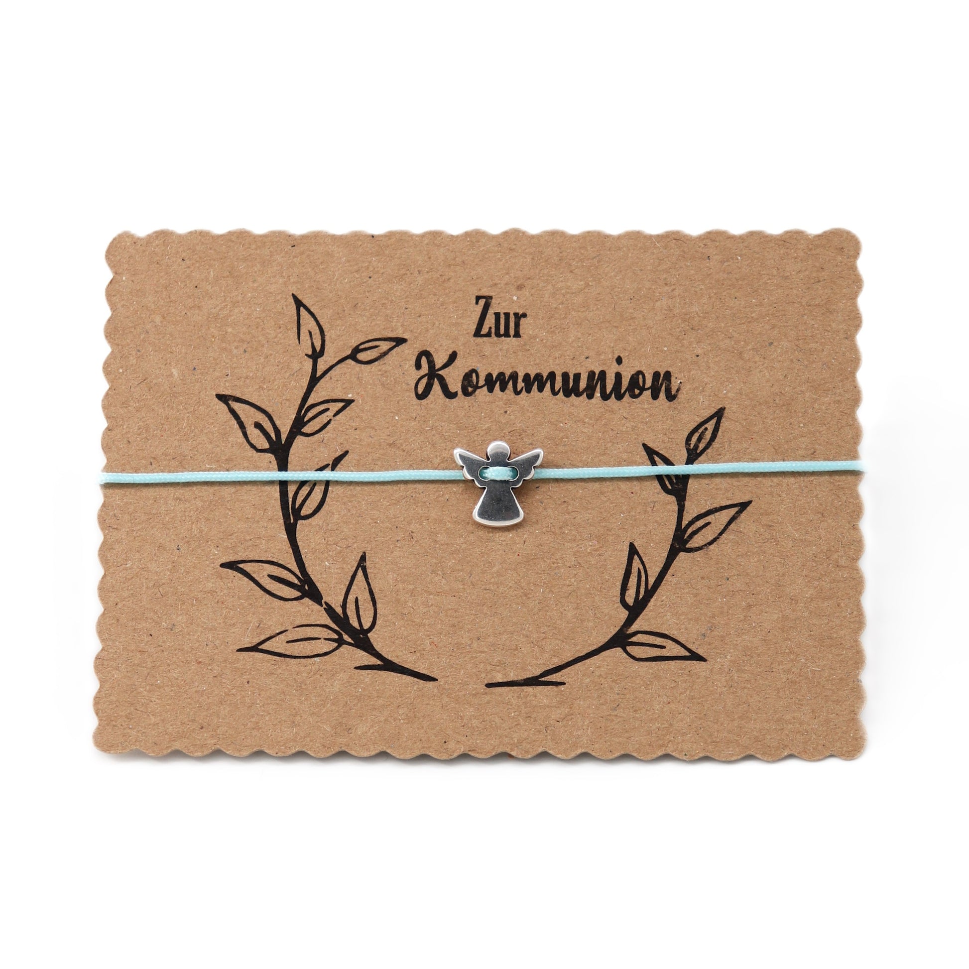 Braun Karte mit Aufschrift Zur Kommunion in schwarz. Engel Armband in Hellblau