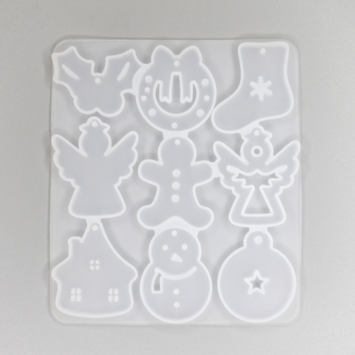 Silikonform Weihnachtsanhaenger flach, Schneemann, Weihnachtssocke, Engel. Form Für Epoxidharz. Farbe Weiß. Rückseite.