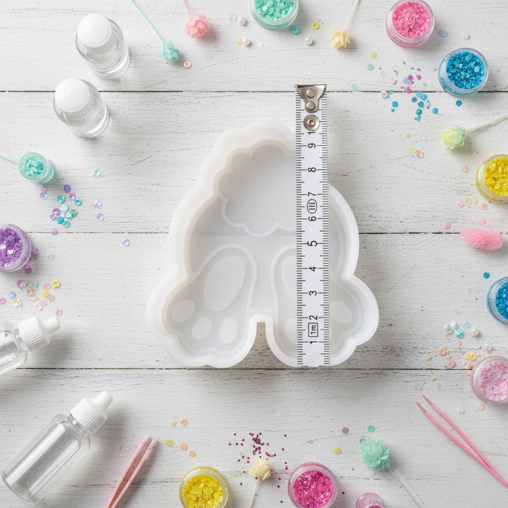 Silikonform Kanninchen Fußabdruck Rückseite Aufsteller für Ostern Dekorationen. Gießform für Raysin oder Gípspulver. ca. 10 x 9 cm. Umrandet mit Bastellzubehör.