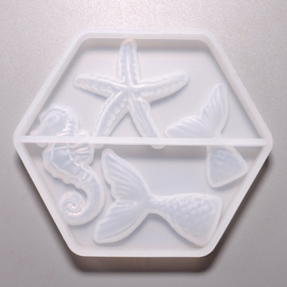Silikon Gießform Seepferdchen, Seestern, Fischflossen ca. 2 bis 4 cm. Rückseite.