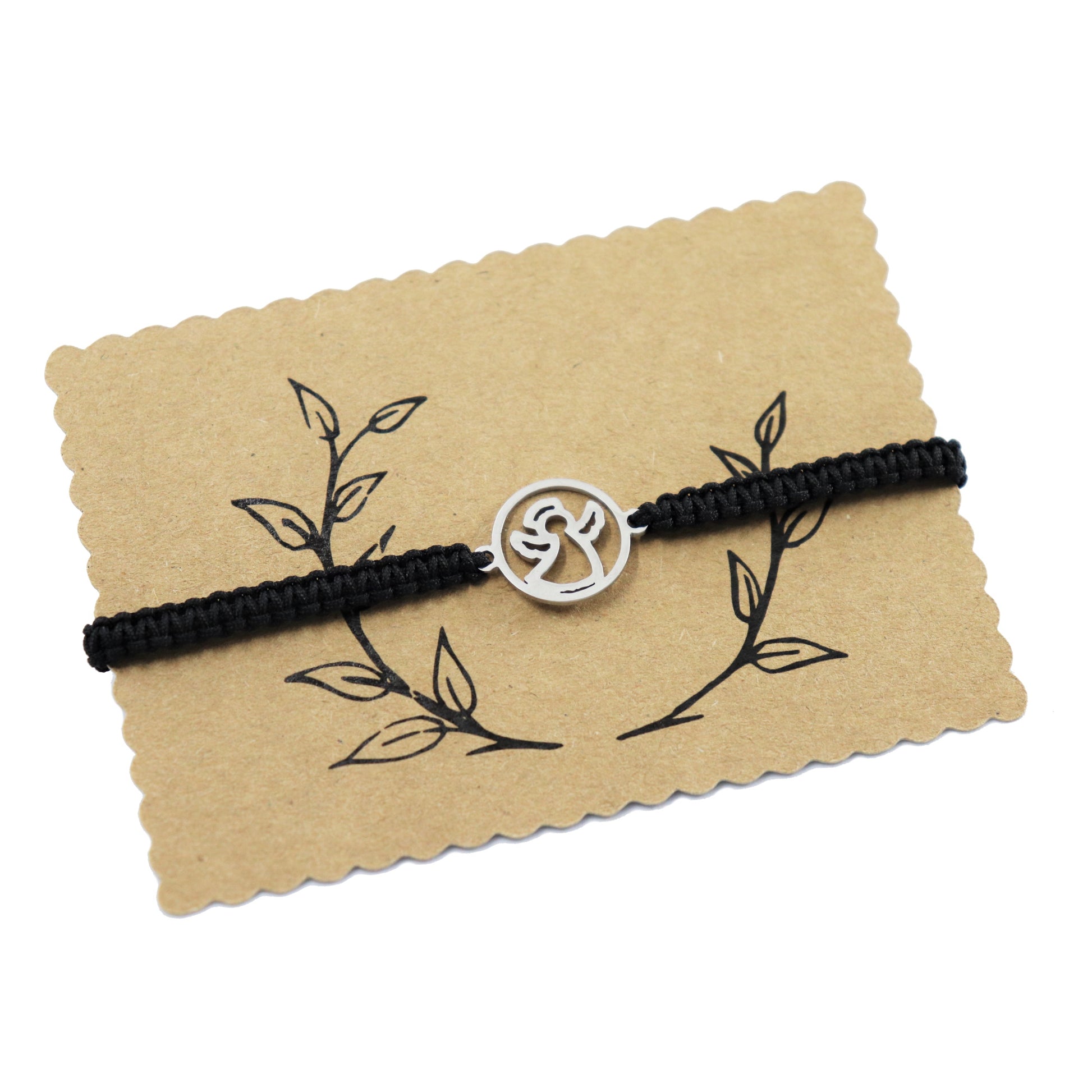 Engel Makramee Armband Schwarz verstellbar Schutzengel Edelstahl
