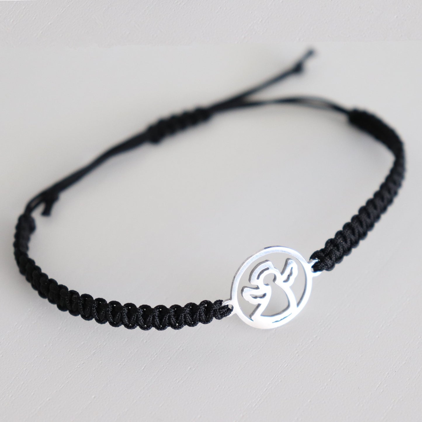 Engel Makramee Armband Schwarz verstellbar Schutzengel Edelstahl