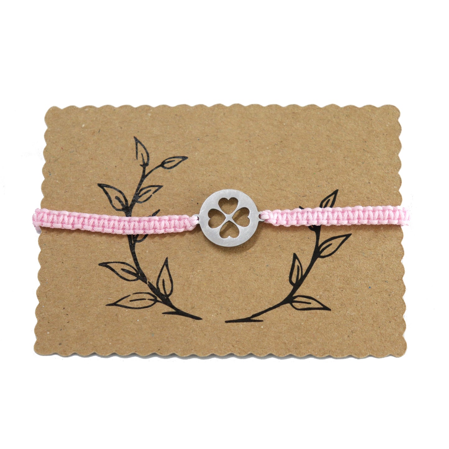 Edelstahl Kleeblatt Makramee Armband Silber, bis 27 cm - Rosa